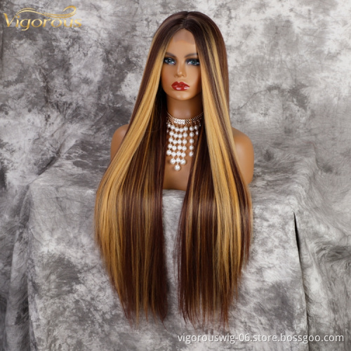 Vigorous long Straight ombre mix brown blonde wigs synthetic lace wig women middle part heat resistant fiber natural looking wig